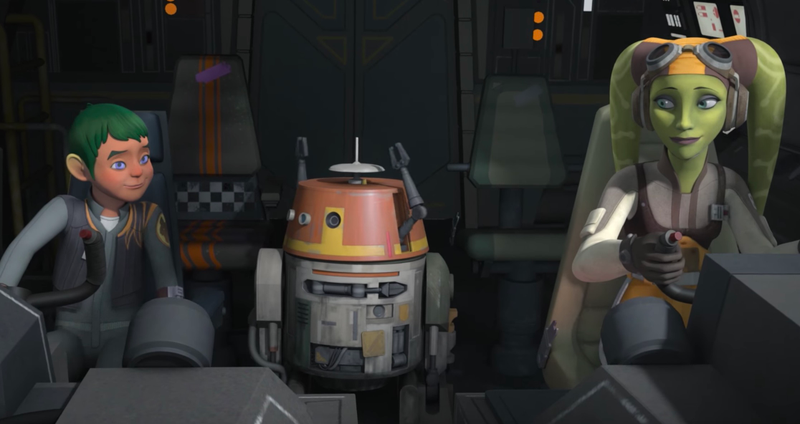 Jacen Syndulla, his mom Hera, and their droid Chopper.